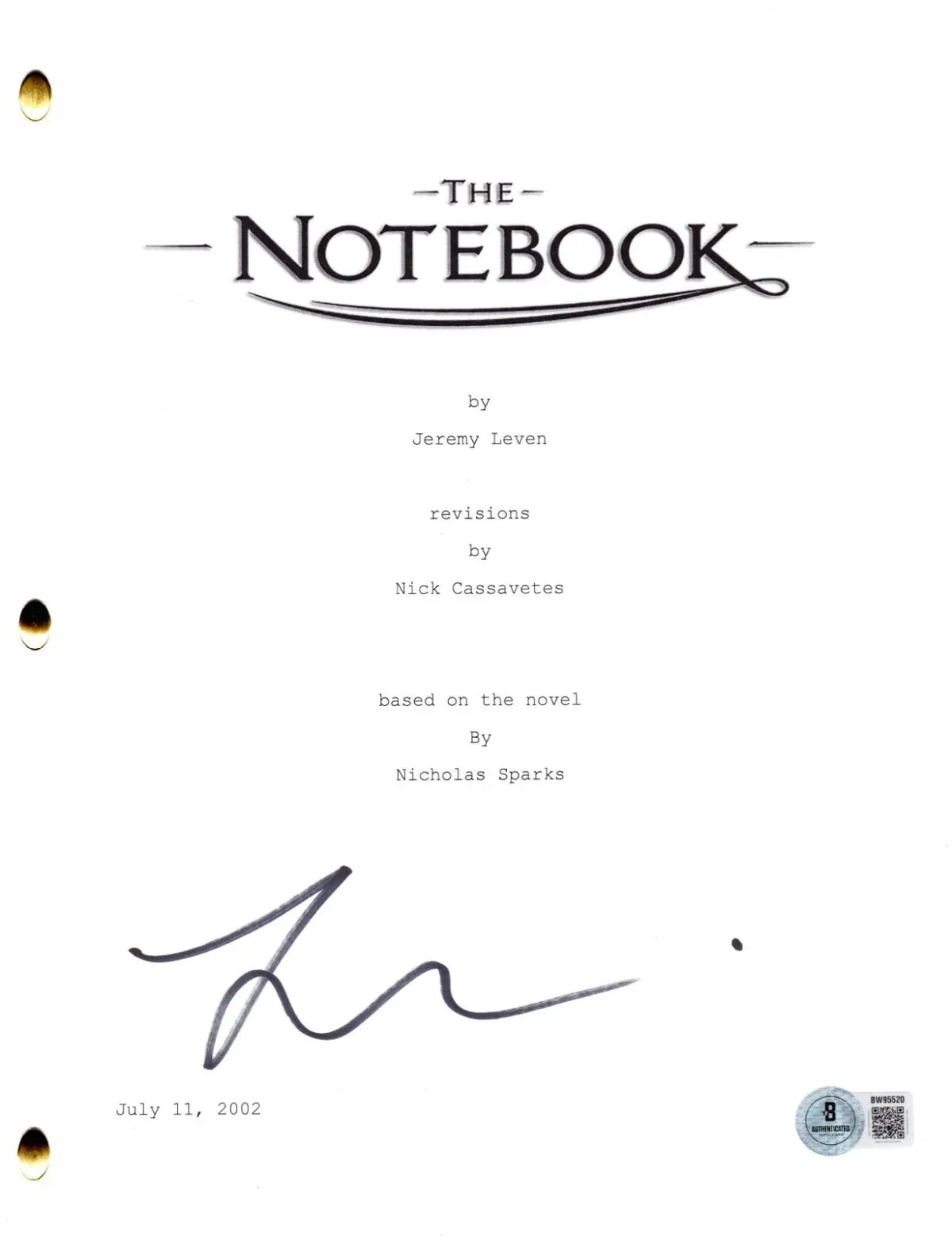 Ryan Gosling Authentic Autographed The Notebook Movie Script