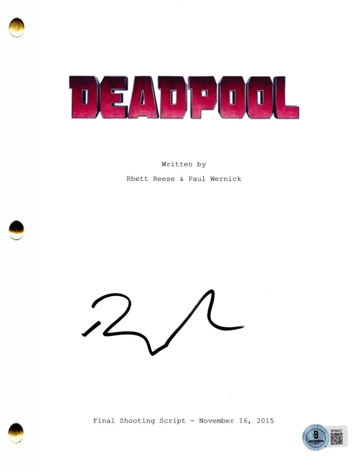 Ryan Reynolds Signed Script from Deadpool Beckett COA