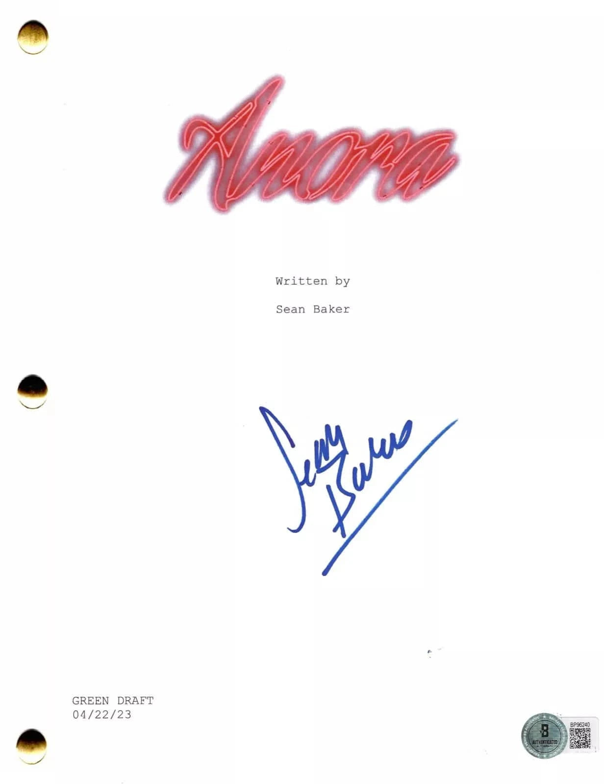 Sean Baker Signed Script from Anora Beckett COA