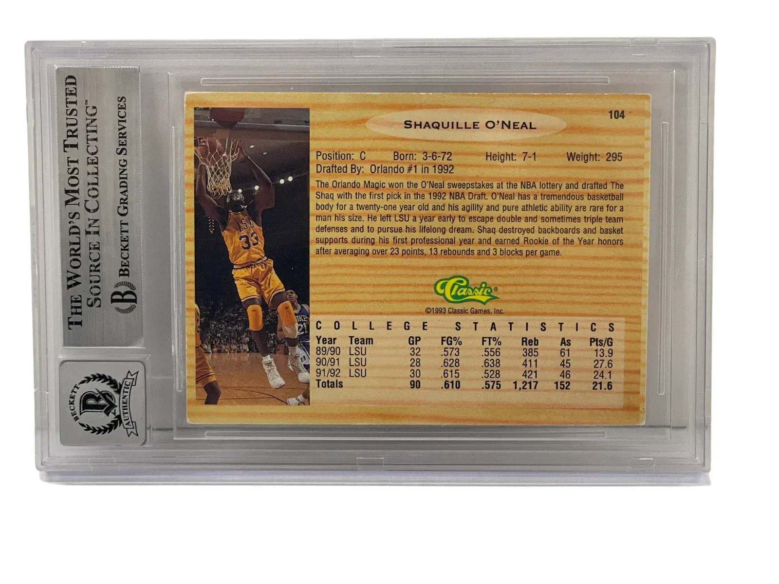 Shaquille O'Neal signed 1992 Classic 104 LSU Tigers — card back view