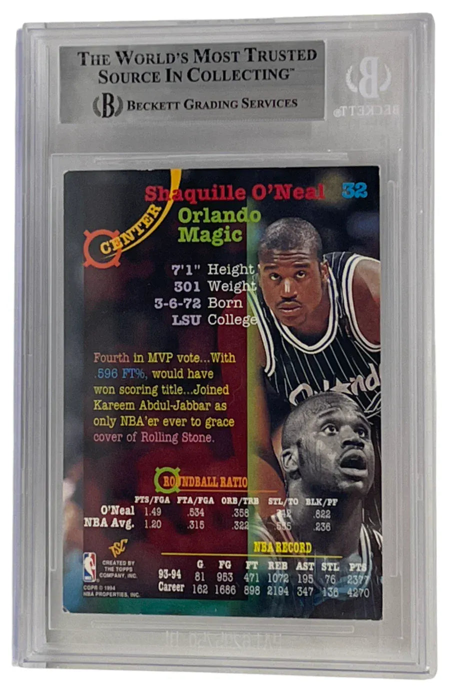 Shaquille O'Neal signed 1994-95 Stadium Club 32 Orlando Magic — card back view