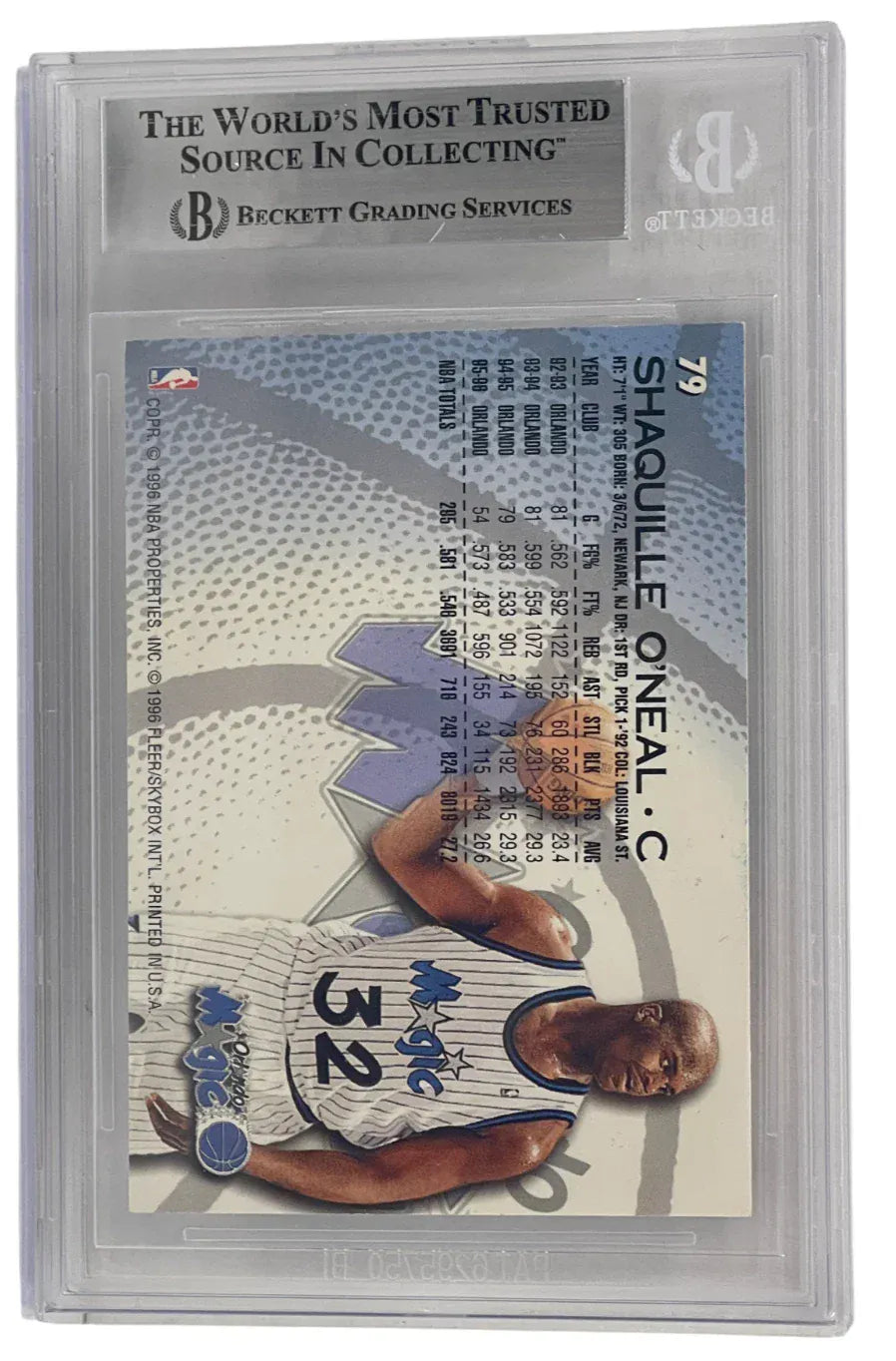 Shaquille O'Neal signed 1996-97 Fleer 79 Orlando Magic — card back view