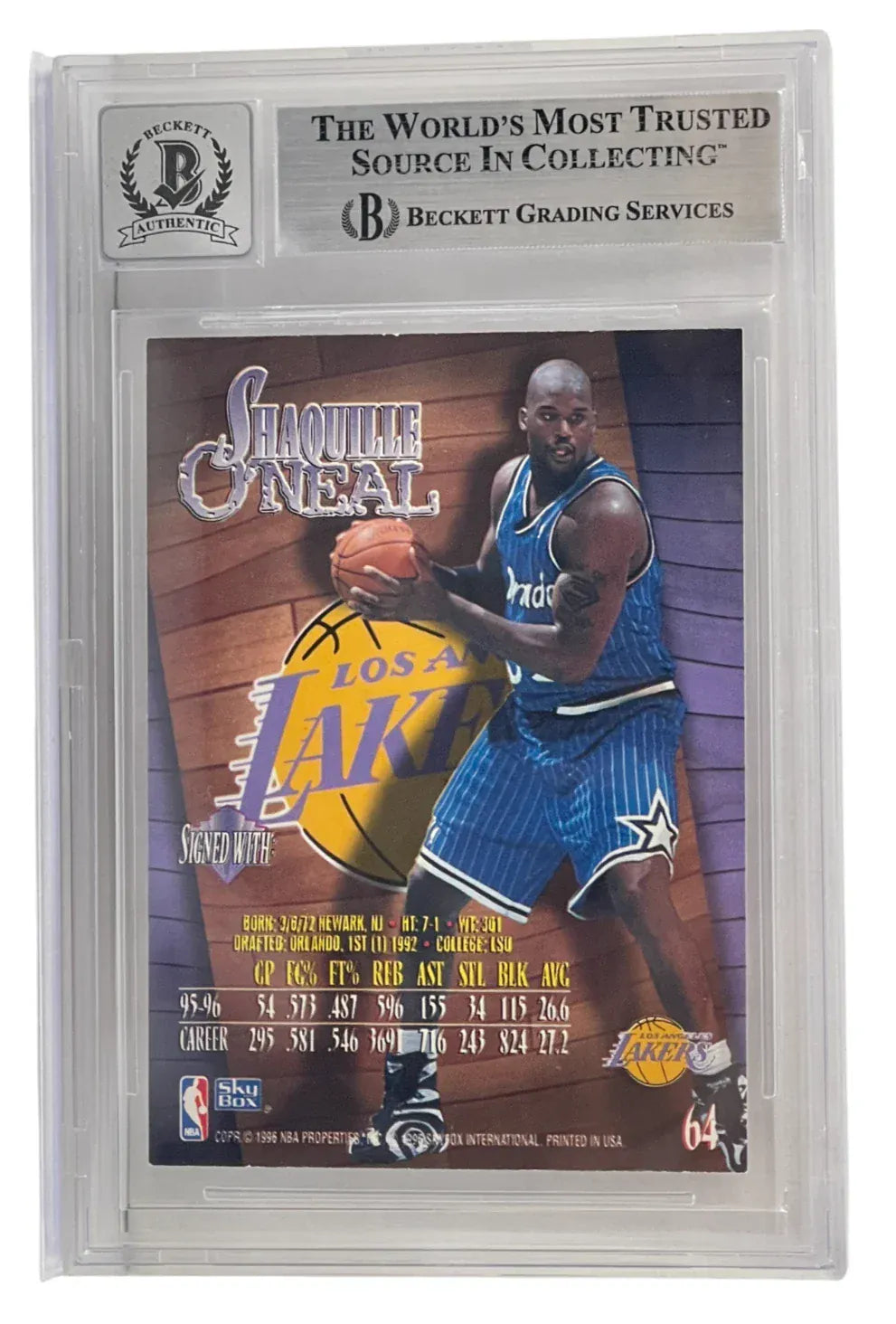 Shaquille O'Neal signed 1996-97 Z-Force 54 Orlando Magic — card back view
