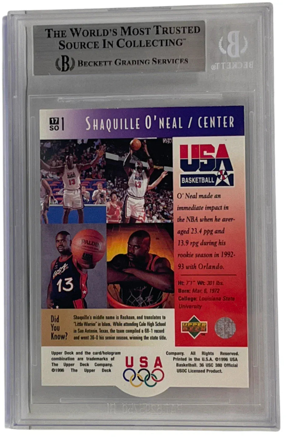 Shaquille O'Neal signed 1996 Upper Deck 17 Team USA Dream Team — card back view