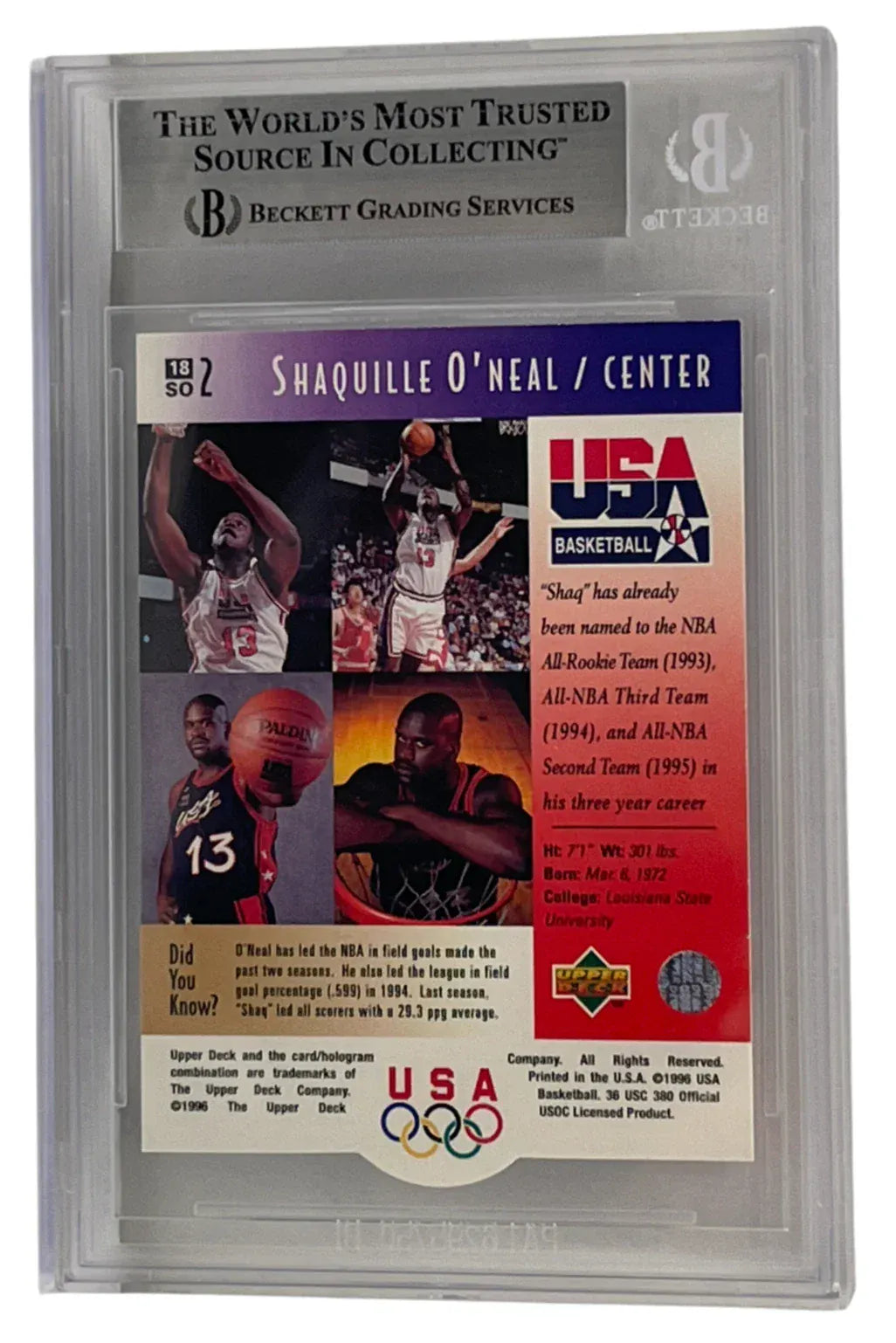 Shaquille O'Neal Authentic Autographed 1996 Upper Deck #18 Team USA Dr