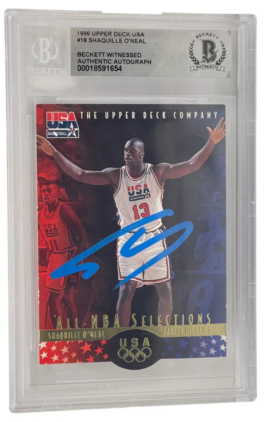 Shaquille O'Neal signed 1996 Upper Deck Team USA Dream Team card #18 — Beckett Witness Slabbed