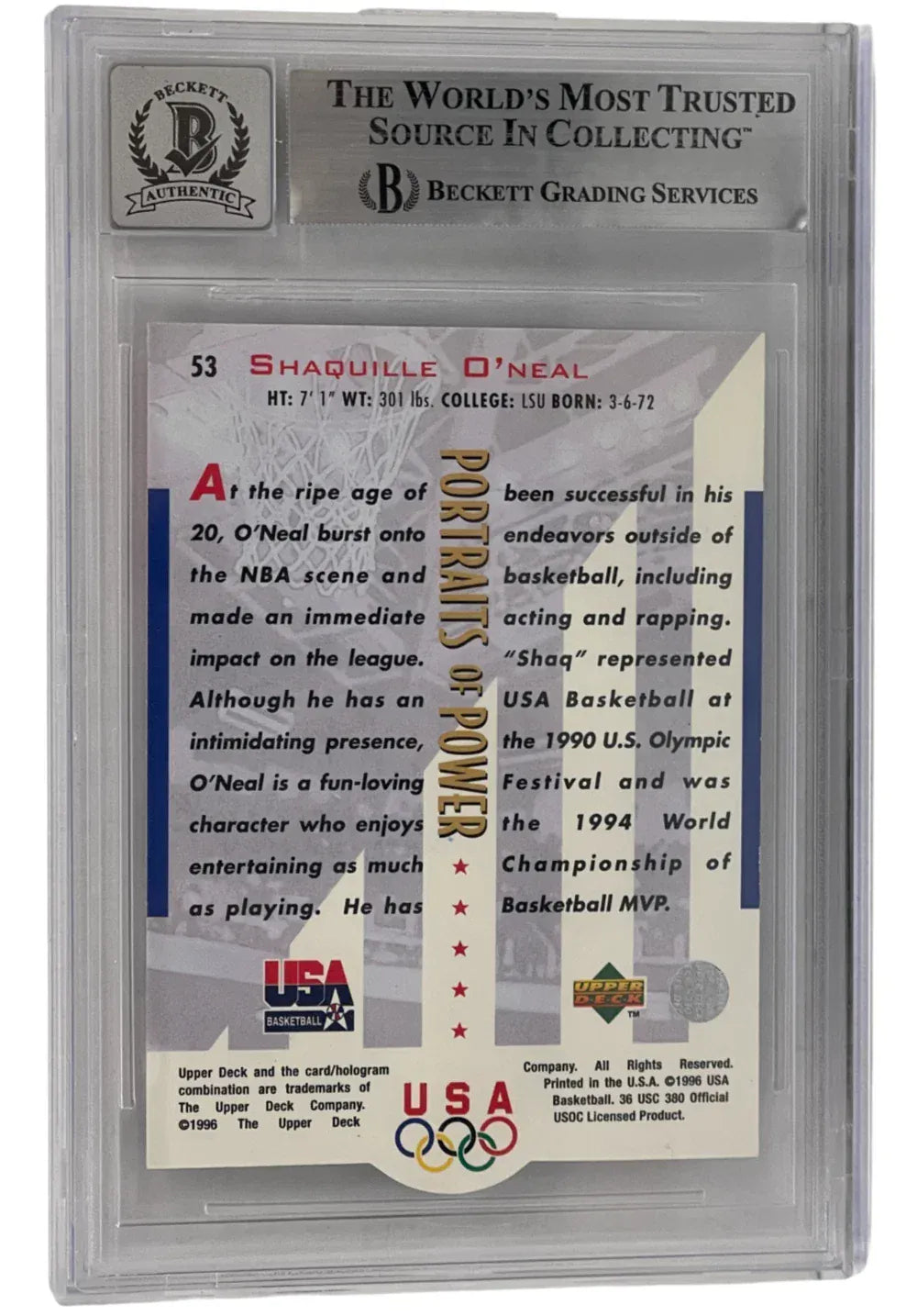 Shaquille O'Neal signed 1996 Upper Deck 53 Team USA — card back view