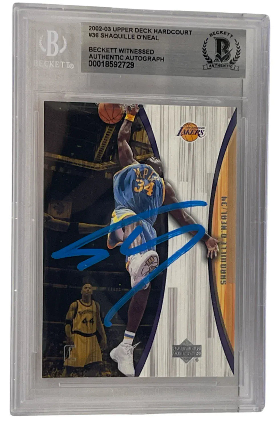 Shaquille O'Neal signed 1996 Upper Deck Hardcourt Lakers card #36 — Beckett Witness Slabbed