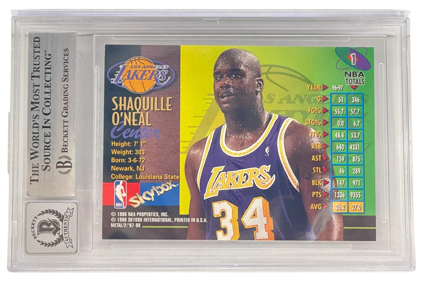 Shaquille O'Neal signed 1997-98 Metal Universe 1 Los Angeles Lakers — card back view