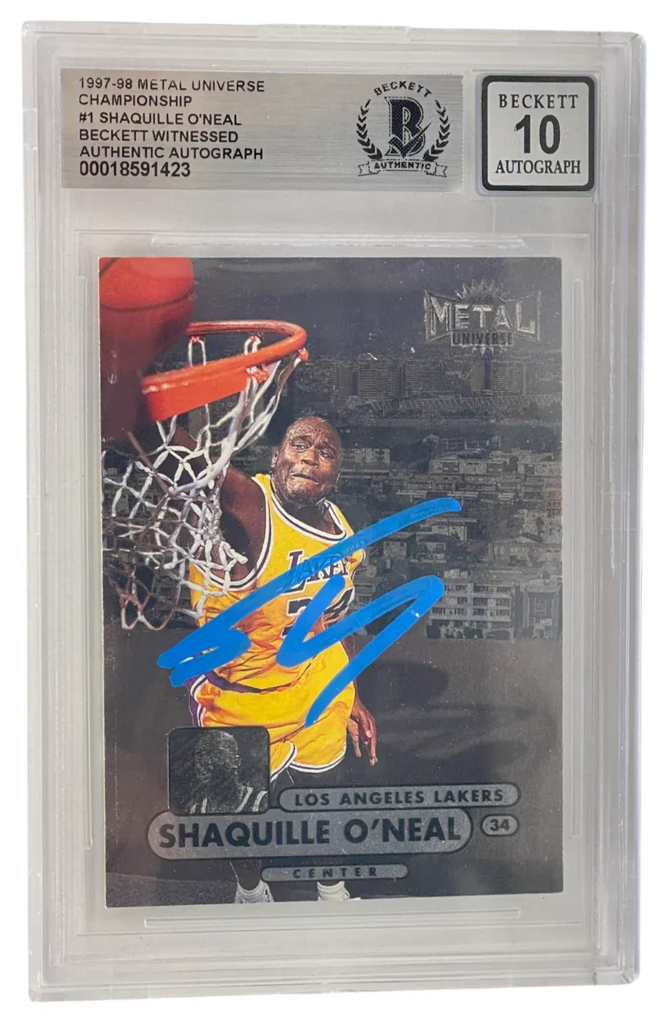 Shaquille O'Neal signed 1997-98 Metal Universe Lakers card #1 — Beckett Witness Grade 10