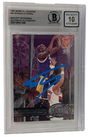 Shaquille O'Neal signed 1997-98 Metal Universe Lakers card #50 — Beckett Witness Grade 10