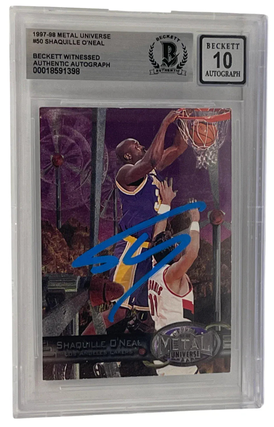 Shaquille O'Neal signed 1997-98 Metal Universe Lakers card #50 — Beckett Witness Grade 10