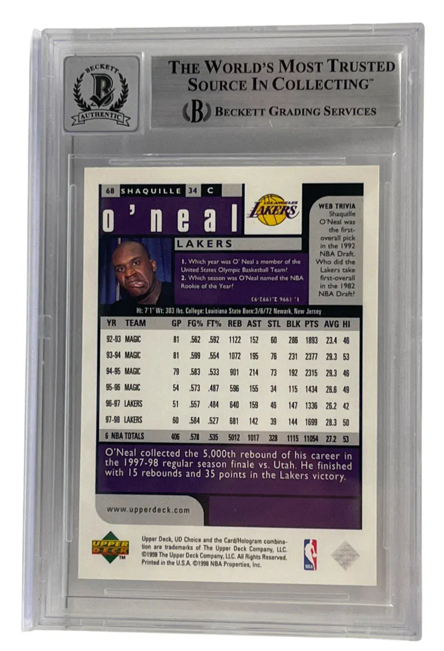 Shaquille O'Neal signed 1998-99 UD Choice Preview 68 Los Angeles Lakers — card back view