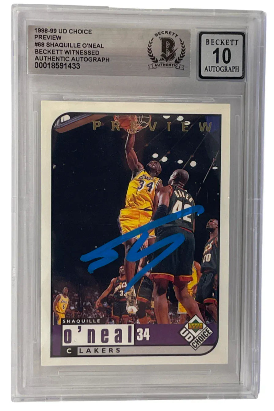 Shaquille O'Neal signed 1998-99 UD Choice Preview Lakers card #68 — Beckett Witness Grade 10