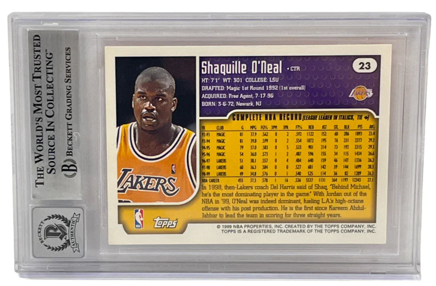 Shaquille O'Neal signed 1999-00 Topps 23 Los Angeles Lakers — card back view