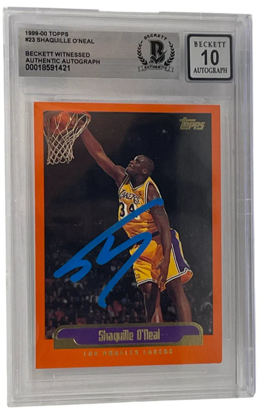 Shaquille O'Neal signed 1999-00 Topps Lakers card #23 — Beckett Witness Grade 10