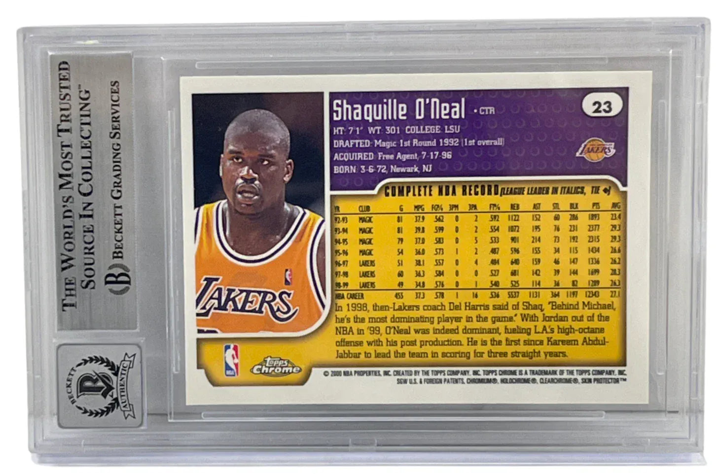 Shaquille O'Neal signed 1999-00 Topps Chrome 23 Los Angeles Lakers — card back view