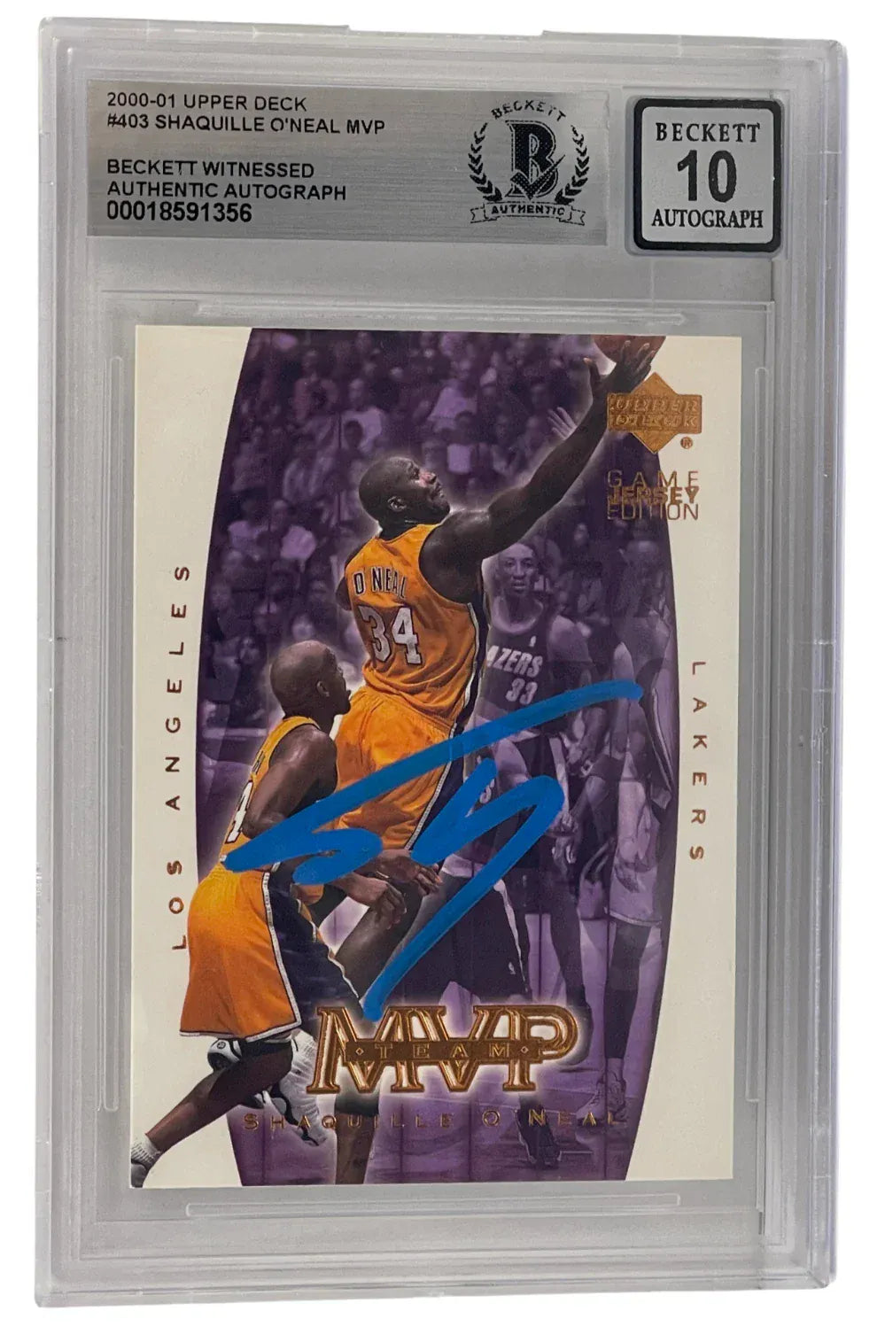 Shaquille O'Neal signed 2000-01 Upper Deck Lakers card #403 — Beckett Witness Grade 10