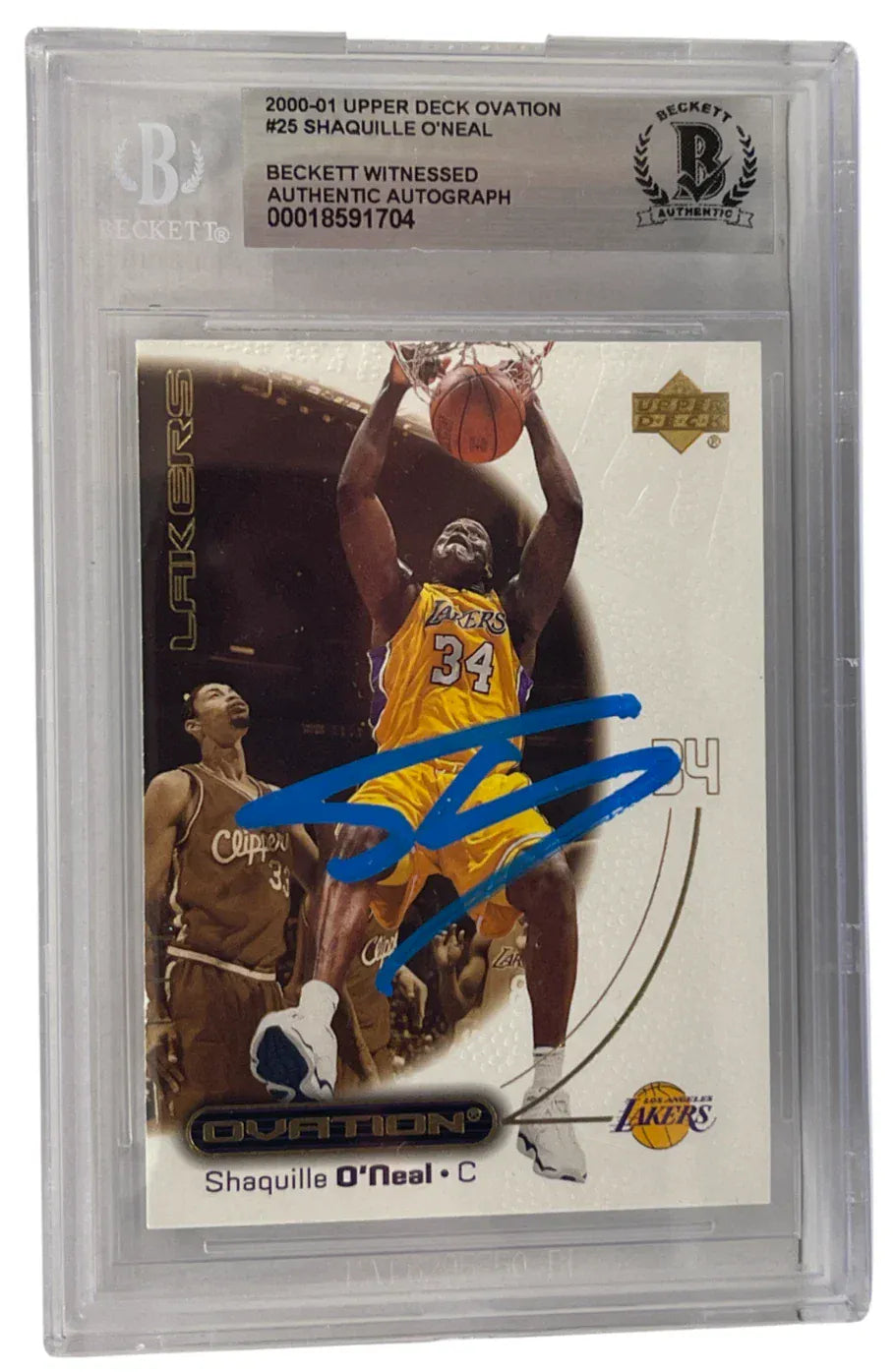 Shaquille O'Neal signed 2000-01 Upper Deck Ovation Lakers card #25 — Beckett Witness Slabbed