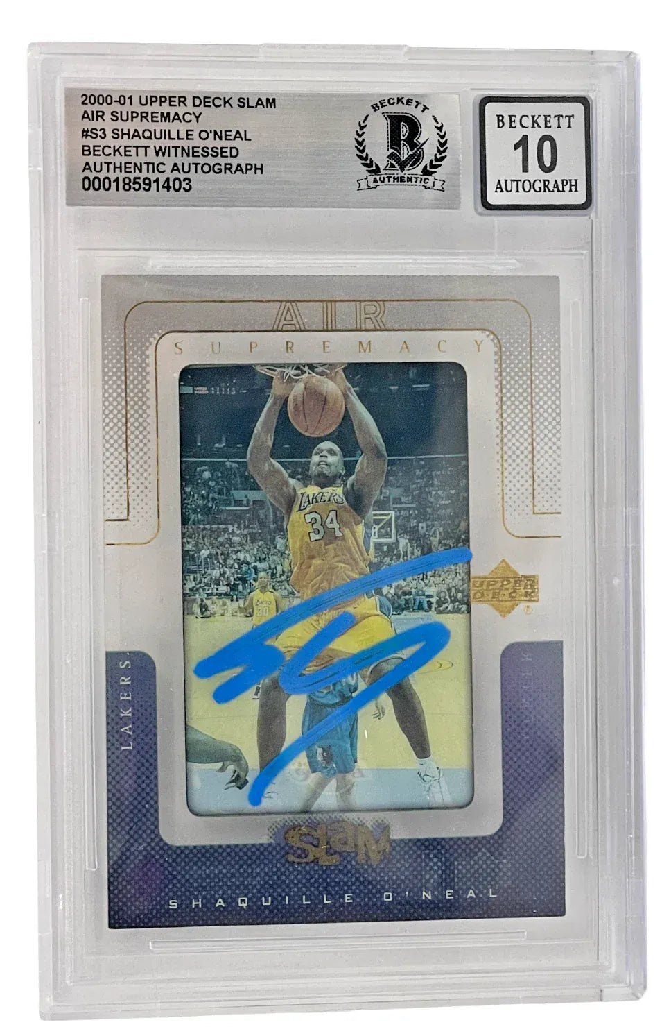 Shaquille O'Neal signed 2000-01 Upper Deck Slam Lakers card #53 — Beckett Witness Grade 10