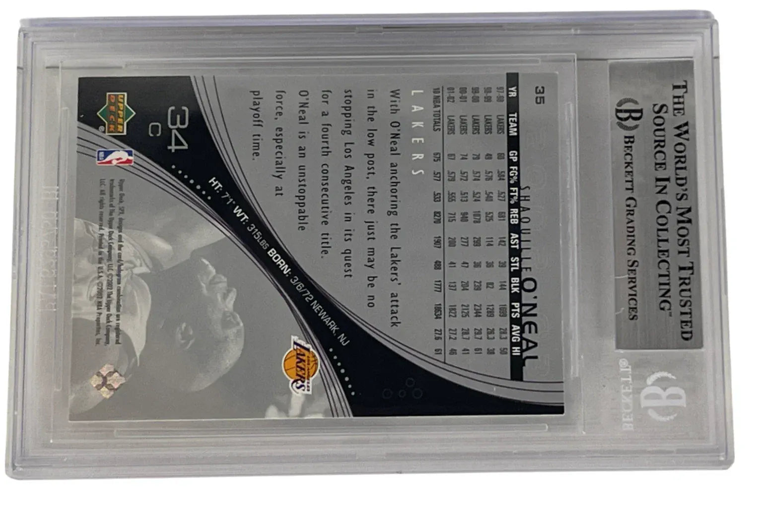 Shaquille O'Neal signed 2002-03 Upper Deck SPX 35 Los Angeles Lakers — card back view