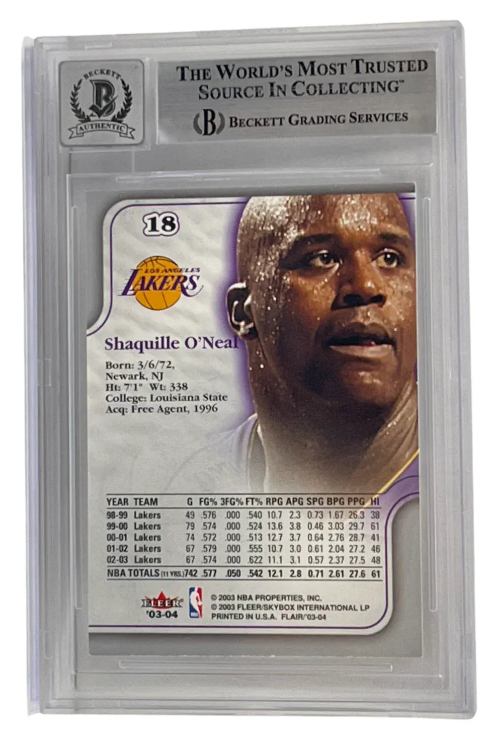 Shaquille O'Neal signed 2003-04 Flair 18 Los Angeles Lakers — card back view