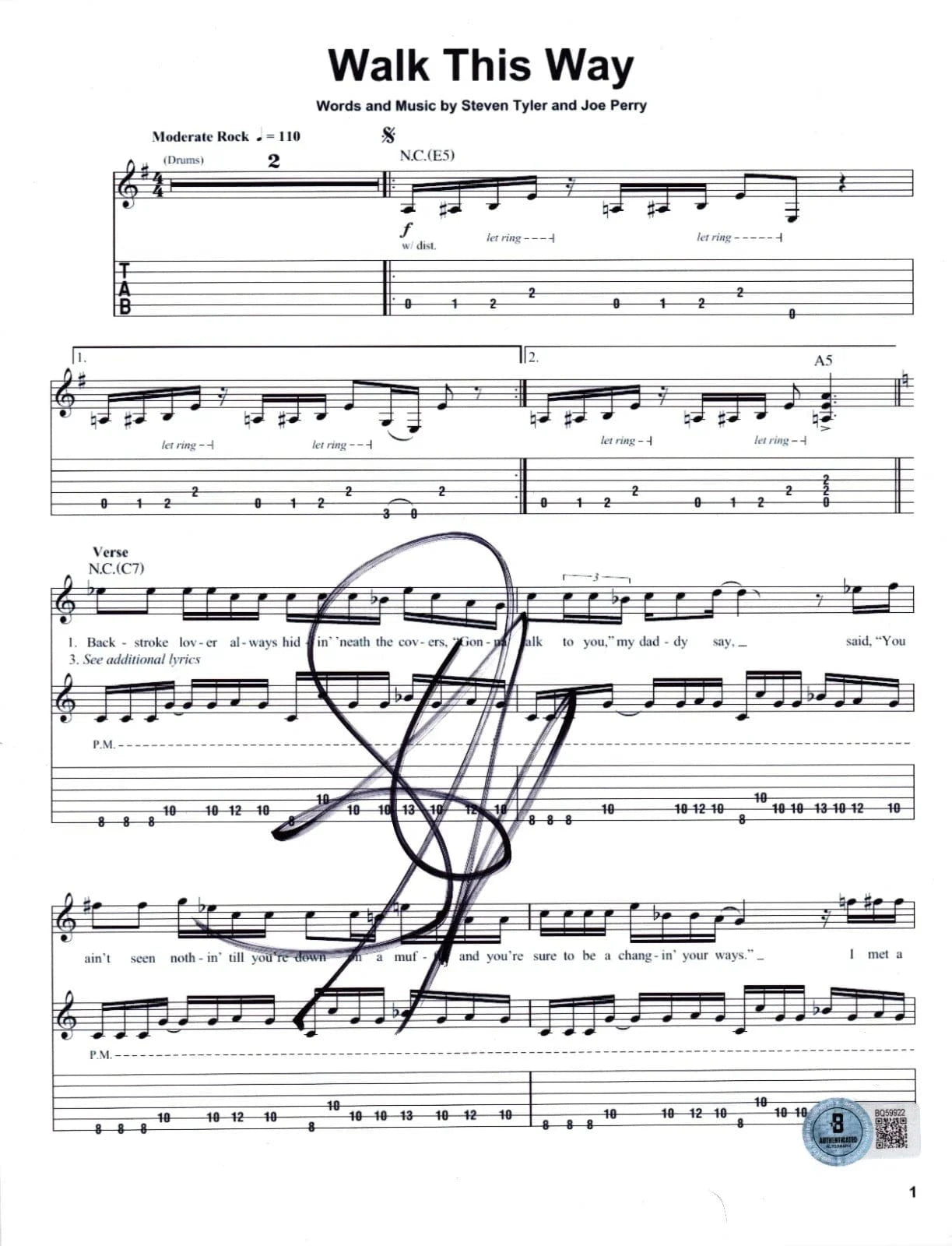 Steven Tyler of Aerosmith Signed Walk This Way Lyrics & Sheet Music Beckett COA