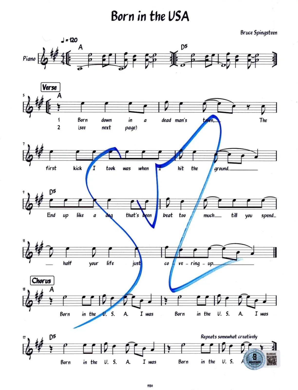 Stevie Van Zandt autographed born in the usa sheet music with certificate of authenticity