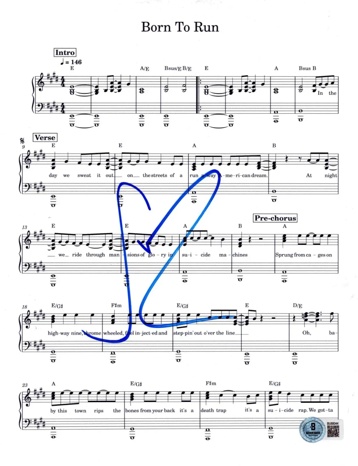 Stevie Van Zandt autographed born to run sheet music with certificate of authenticity