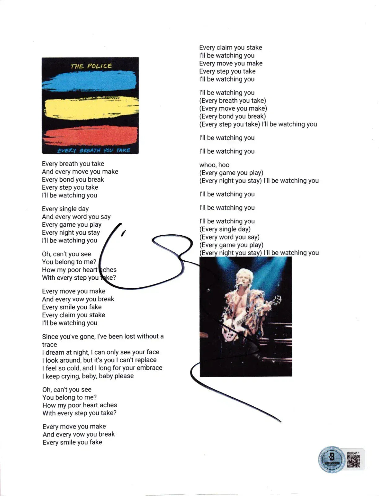 Sting Authentic Autographed Every Breath You Take Lyric Sheet