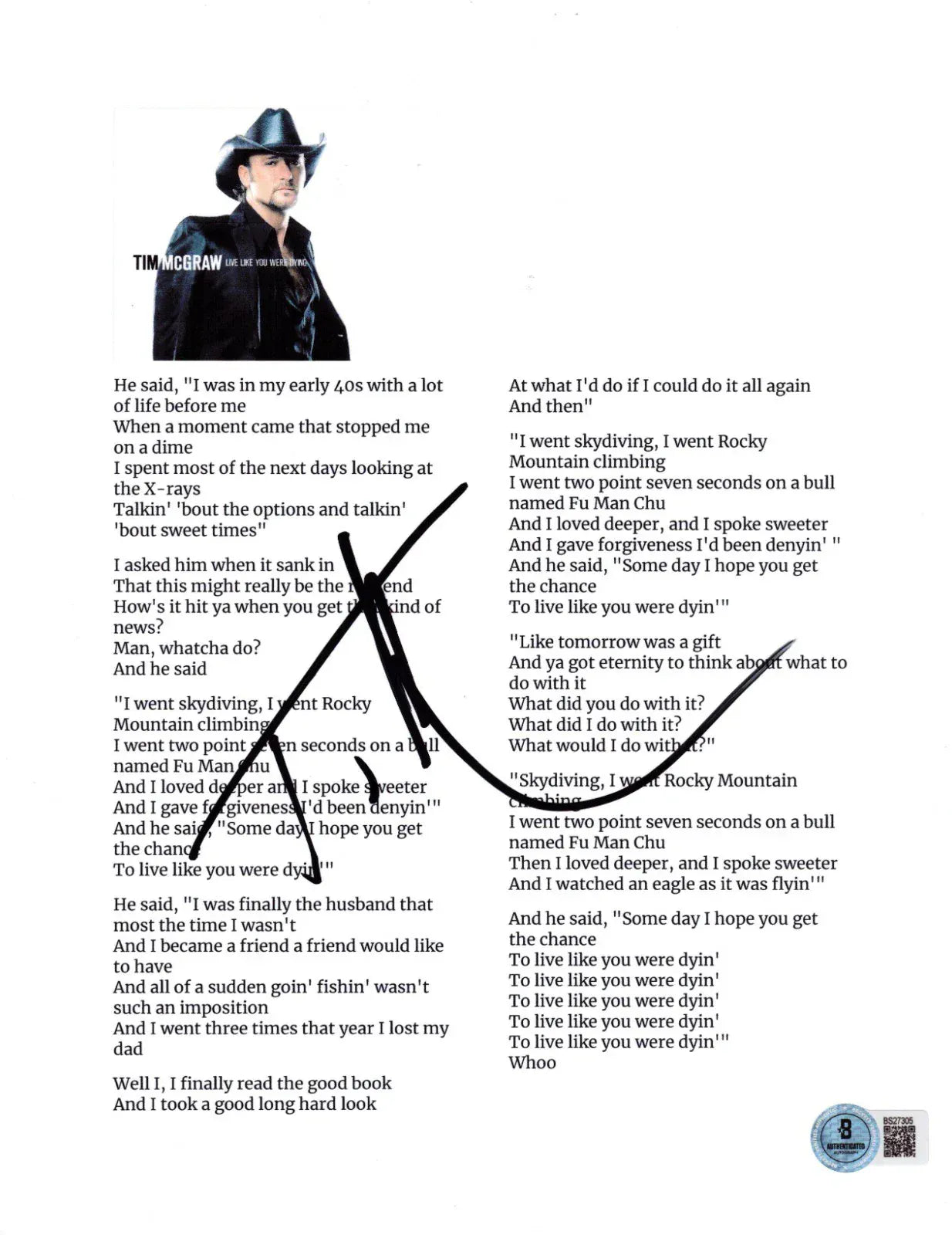 Tim McGraw Live autographed item with certificate of authenticity