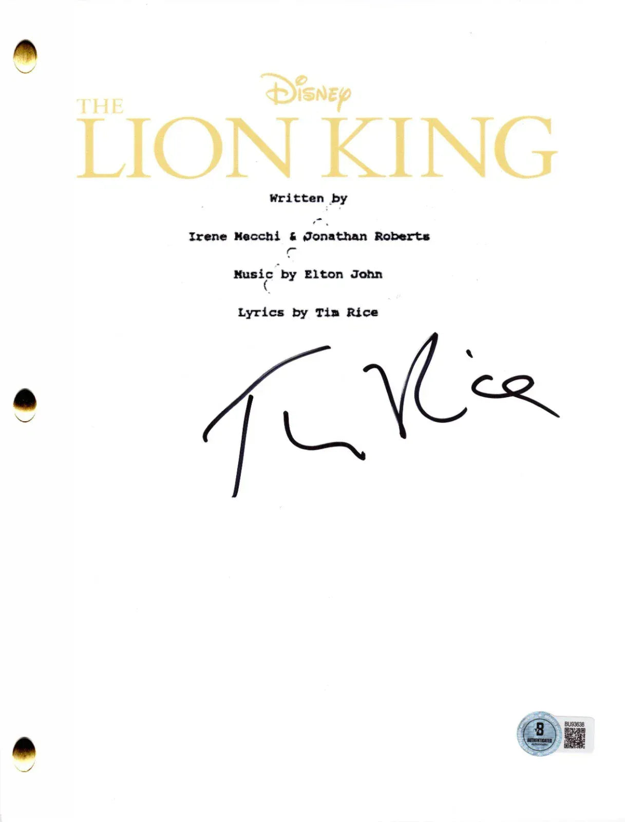 Tim Rice signed The Lion King movie script — Beckett authenticated