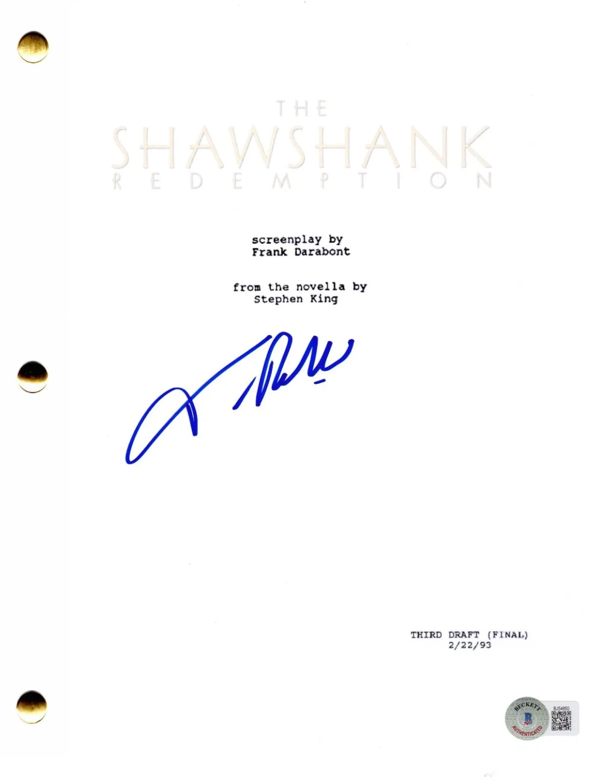 Tim Robbins signed The Shawshank Redemption script with Beckett Hologram & QR Code