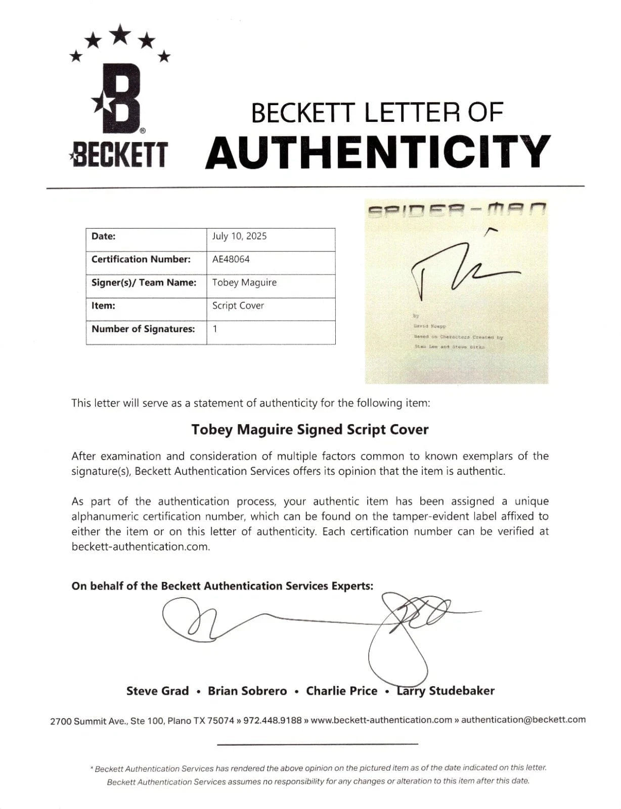 Tobey Maguire Signed Script from Spider-Man Beckett COA - Detail View