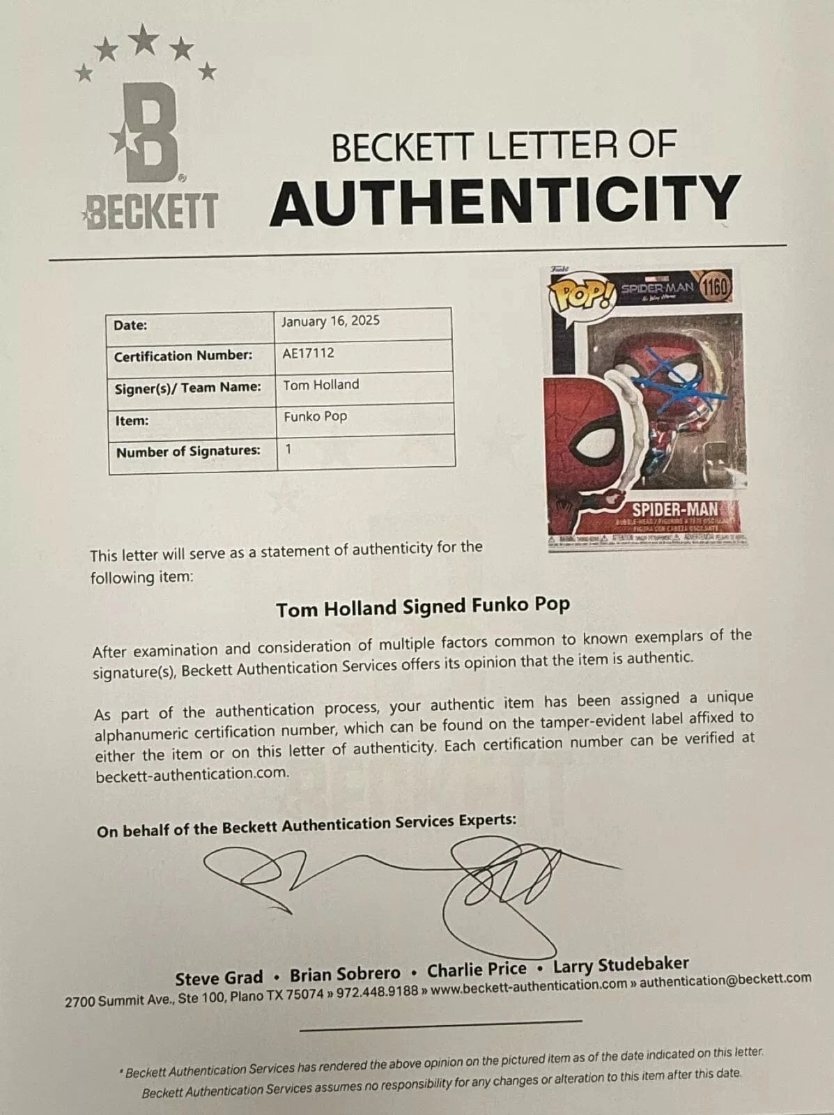 Tom Holland Signed Funko from Spider-Man Beckett COA - Alternate Angle