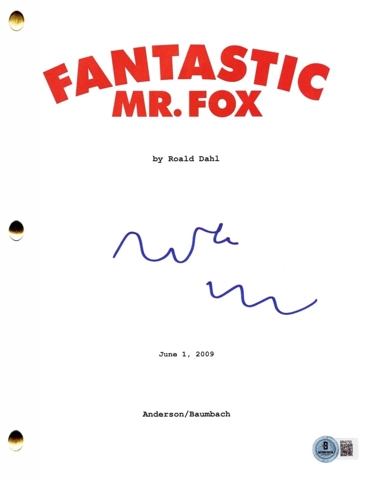 Wes Anderson Signed Script from Fantastic Mr. Fox Beckett COA