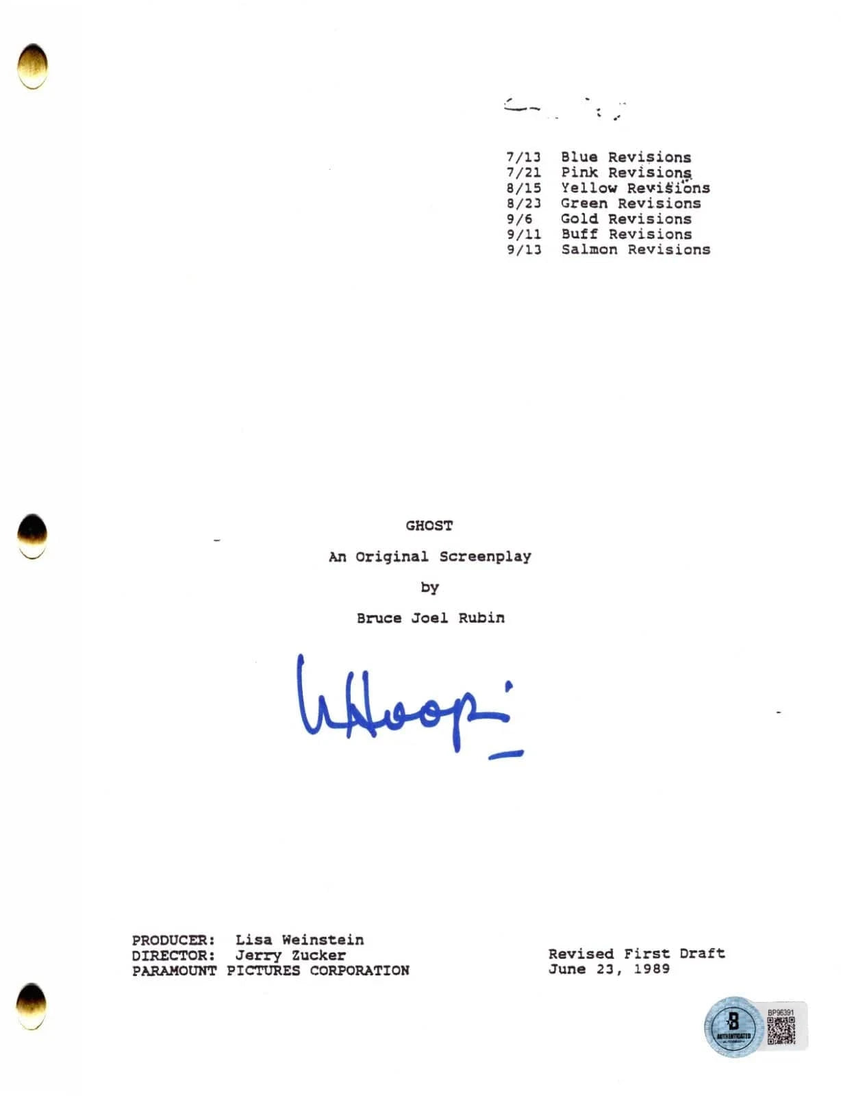 Whoopi Goldberg Signed Script from Ghost Beckett COA