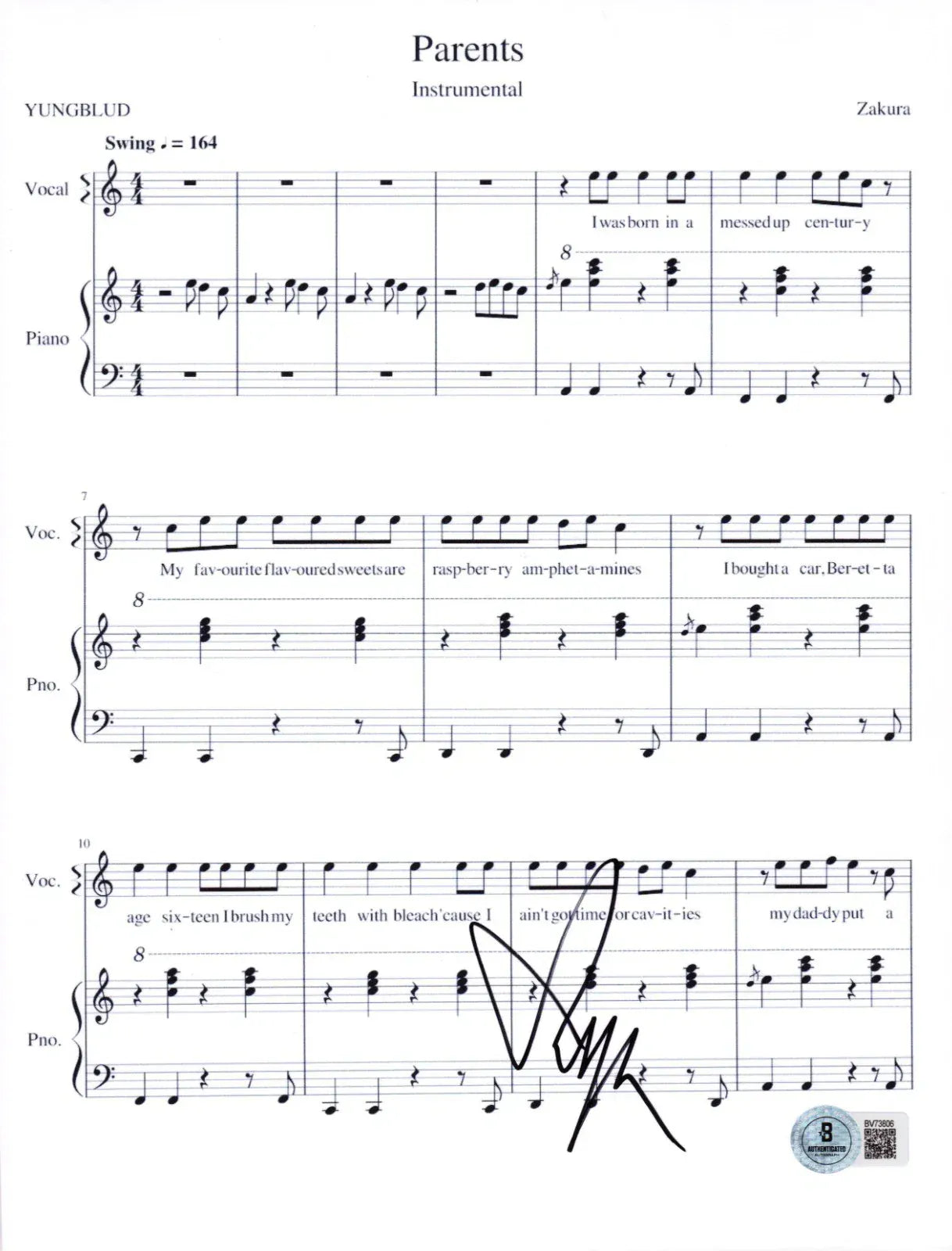 Yungblud signed Parents sheet music — Beckett authenticated