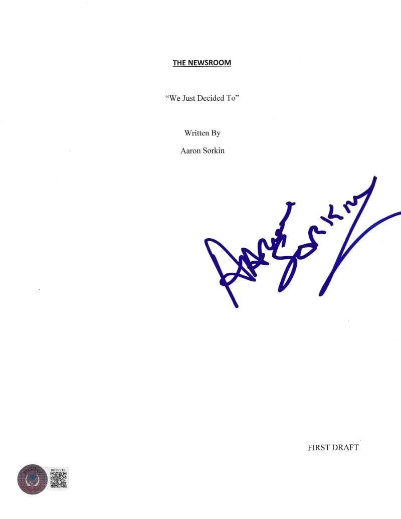 Aaron Sorkin Signed Script from Newsroom Beckett COA