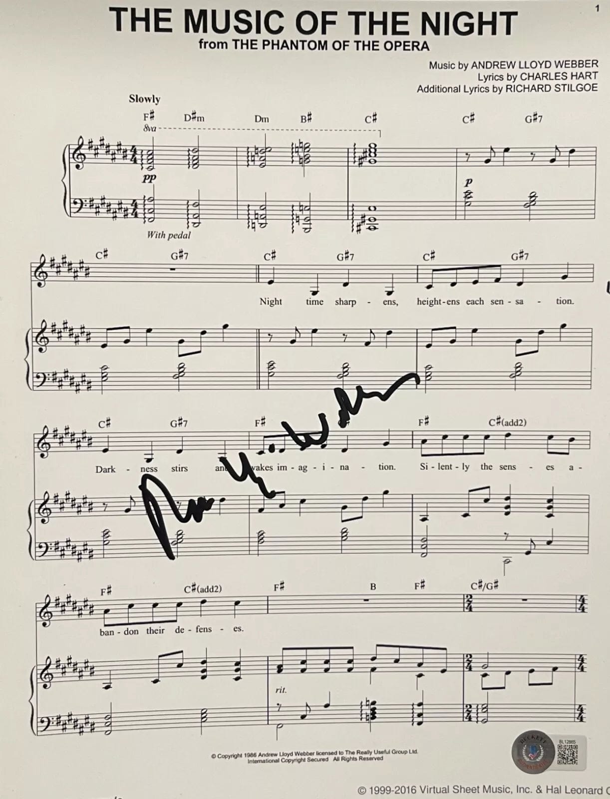 Andrew Lloyd Webber of the Night Sheet Music Signed Webber The Music the Night Lyrics & Sheet Music Beckett COA