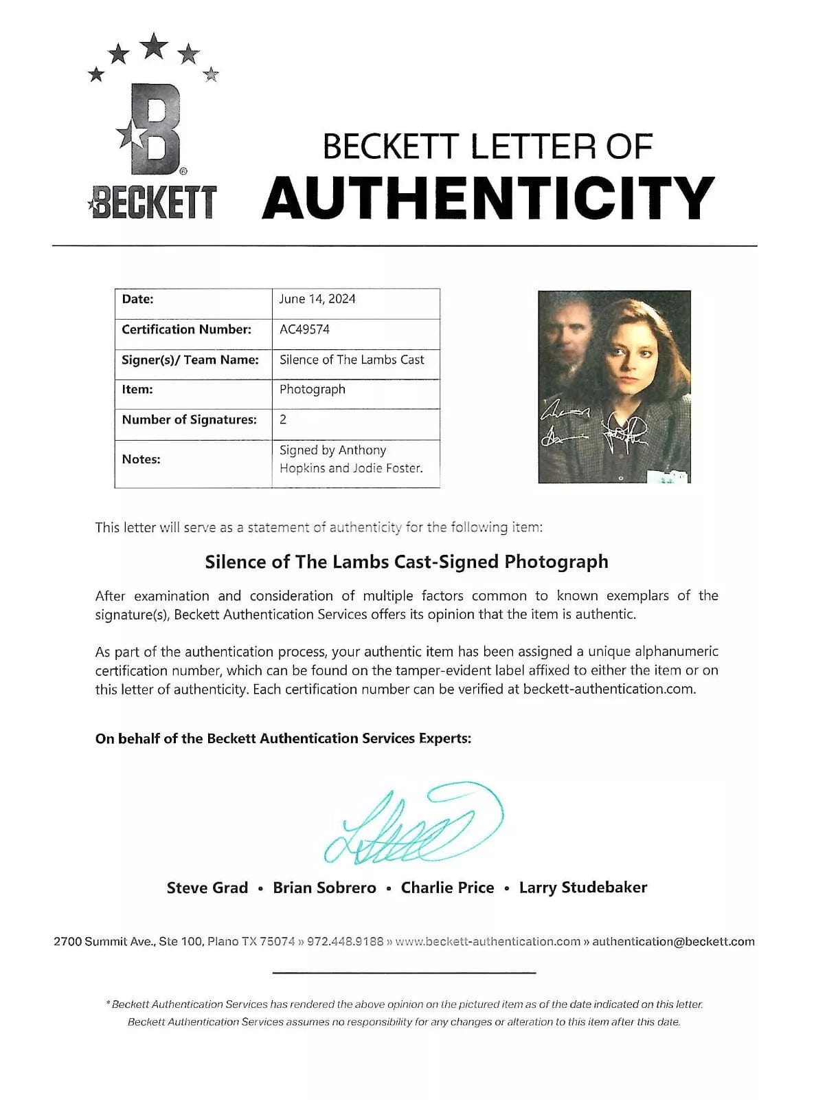 Anthony Hopkins Signed 11x14 Photo from The Silence of the Lambs Beckett COA - Item #5 - Detail View