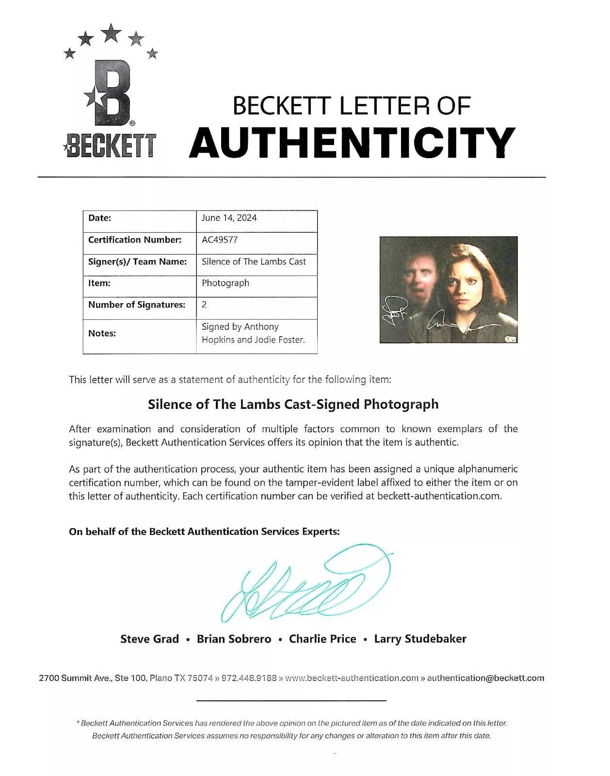 Anthony Hopkins Signed 11x14 Photo from The Silence of the Lambs Beckett COA - Item #3 - Detail View