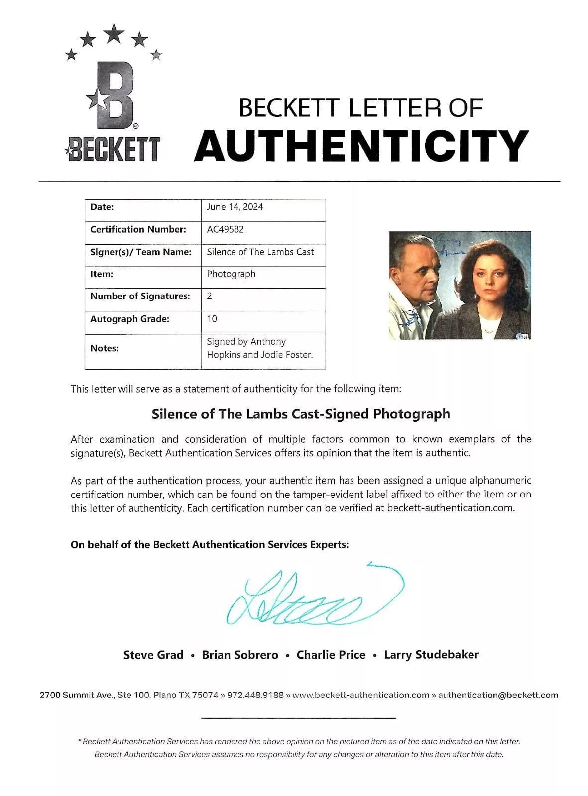 Anthony Hopkins Signed 11x14 Photo from The Silence of the Lambs Beckett COA - Item #2 - Detail View