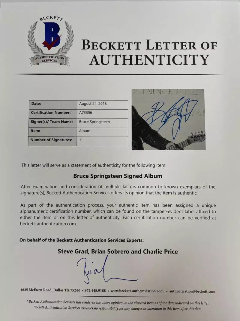 Bruce Springsteen Signed Vinyl Record Beckett COA - Item #1 - Detail View