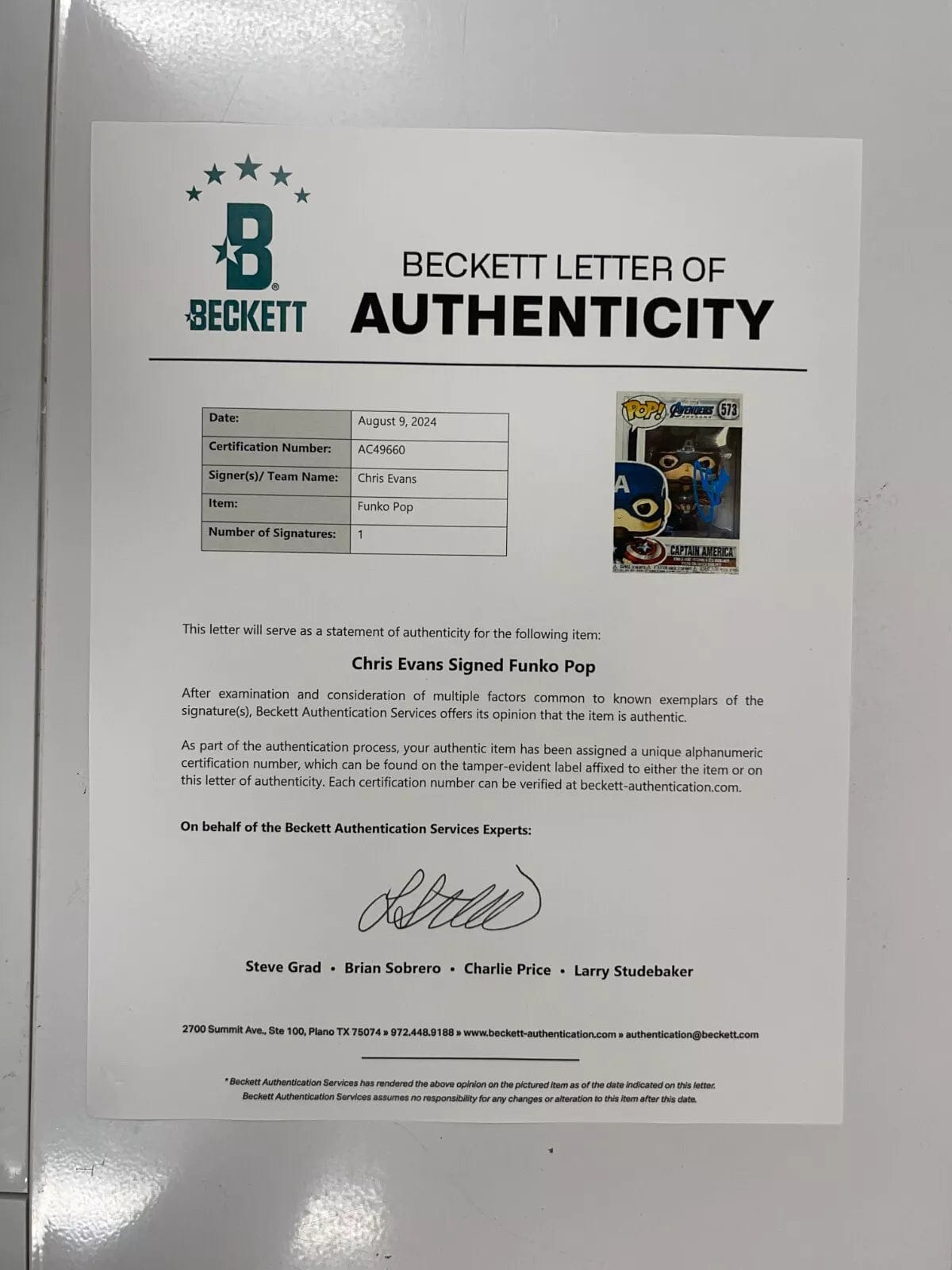 Chris Evans Signed Funko from The Avengers: Endgame Beckett COA - Alternate Angle