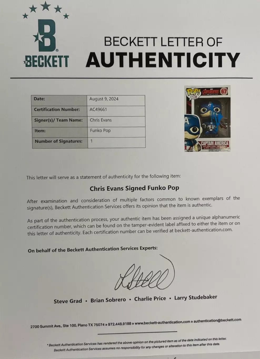 Chris Evans Signed Funko from The Avengers Beckett COA - Alternate Angle