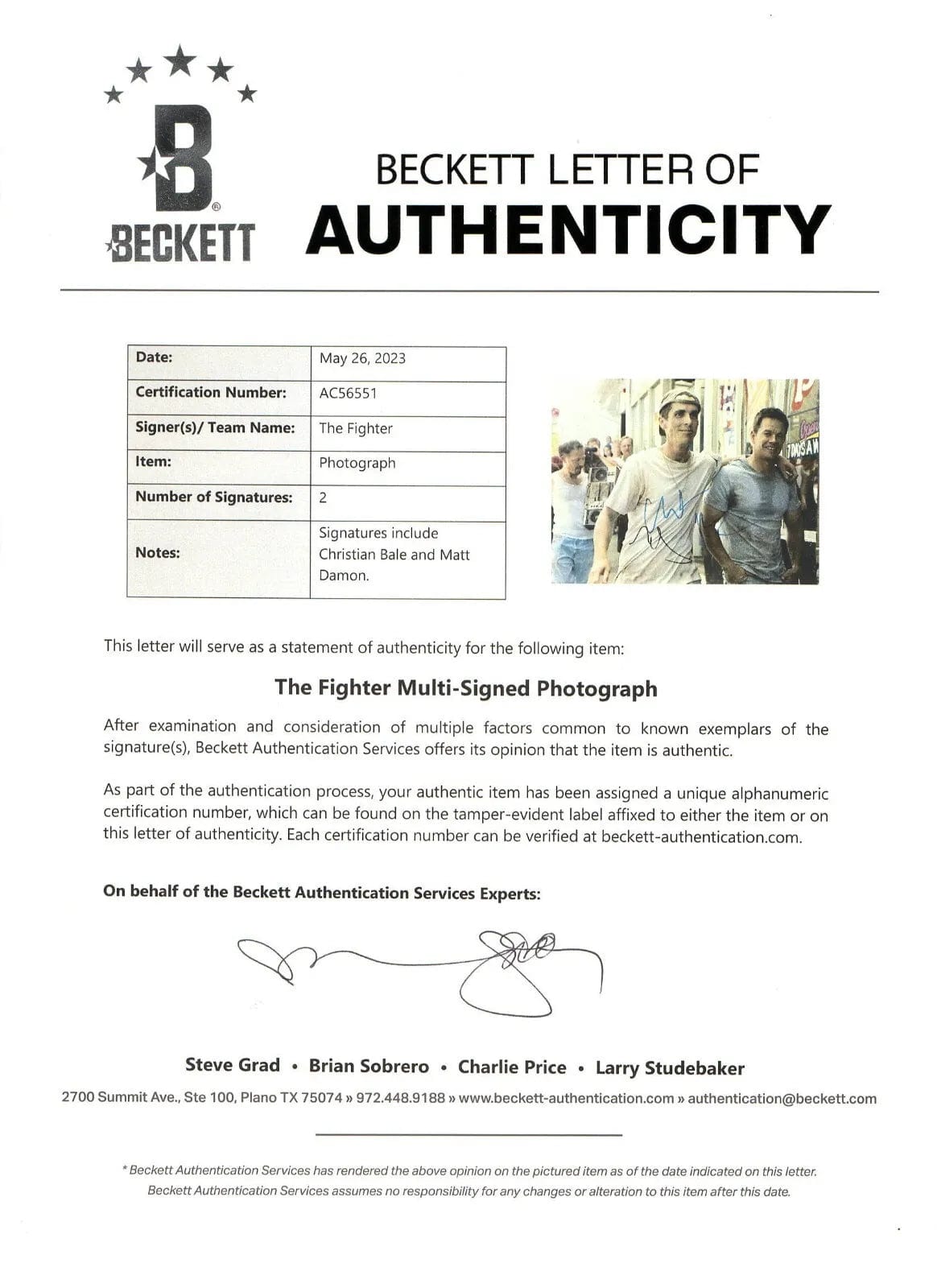 Christian Bale Signed 11x14 Photo from The Fighter Beckett COA - Item #1 - Detail View