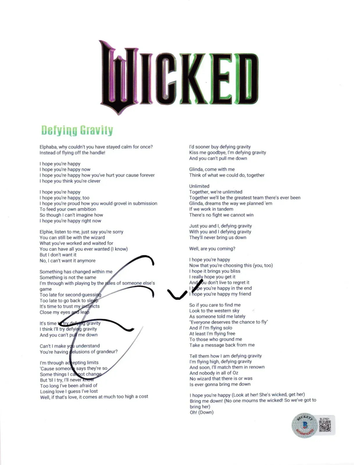 Cynthia Erivo Signed Photo from Wicked Beckett COA