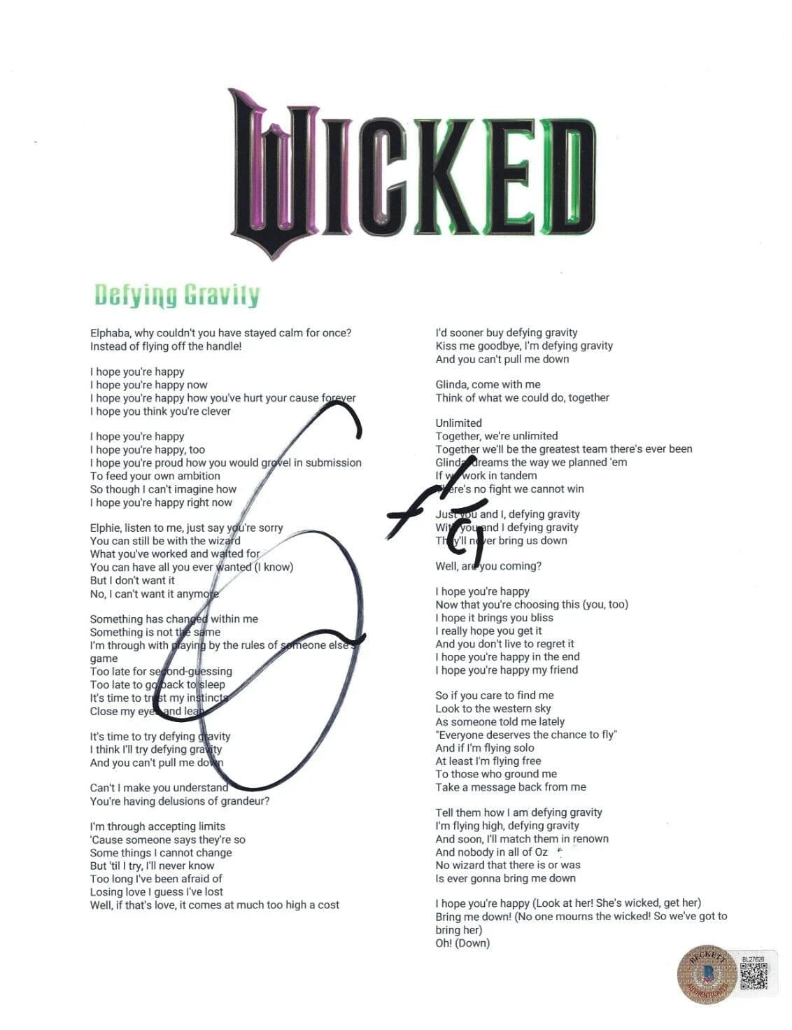 Cynthia Erivo Signed Lyrics & Sheet Music from Wicked Beckett COA
