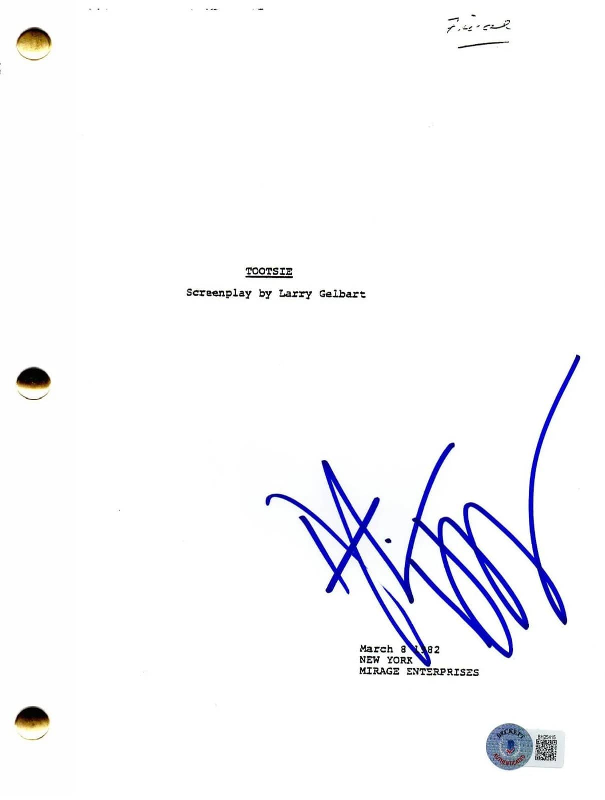 Dustin Hoffman Signed Script from Tootsie Beckett COA